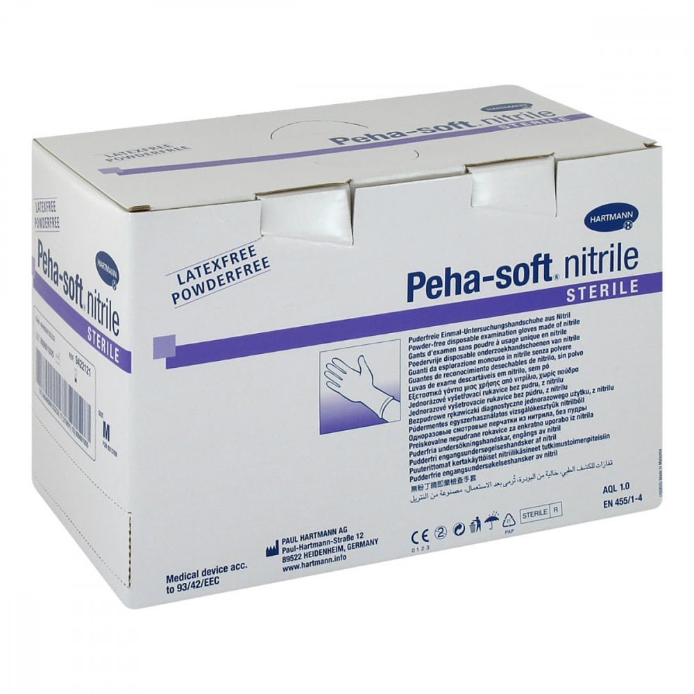 Das Produktfoto zeigt Peha-Soft Nitrile Unt.Handsch.Steril Puderfrei M (50X2 stk) PZN 09213789