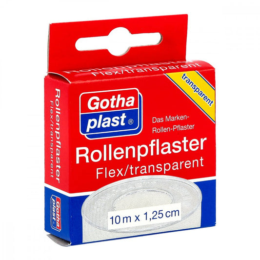 Das Produktfoto zeigt Rollenpflaster Flex 1,25 Cmx10 M Trp.Euroaufhänger (1 stk) PZN 09213884