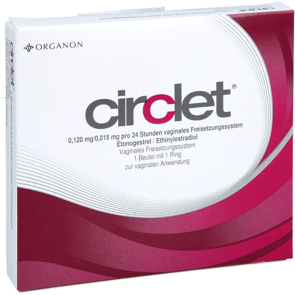 Das Produktfoto zeigt Circlet 0,120mg/0,015mg Pro 24h Vag.Freisetz.Sys. (1 stk) PZN 09219154