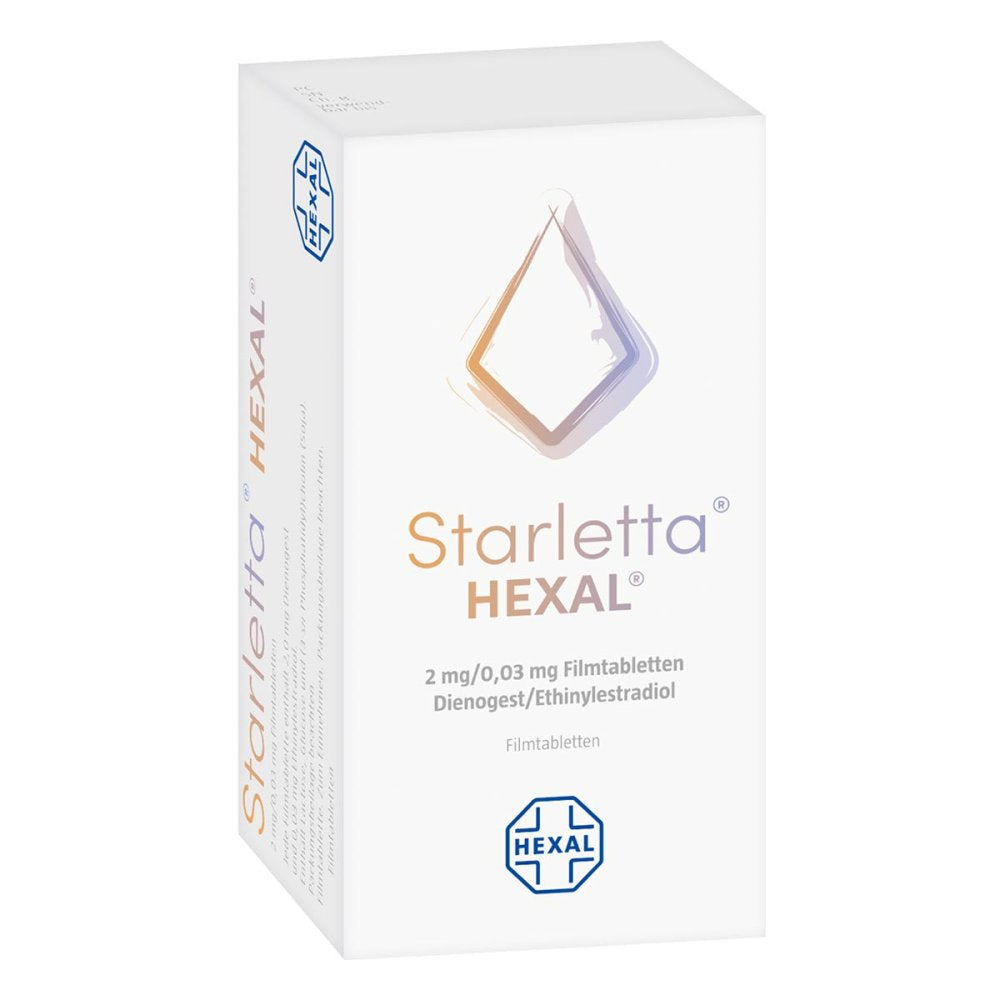 Das Produktfoto zeigt Starletta Hexal 2 Mg/0,03 Mg Filmtabletten (21 stk) PZN 09219208