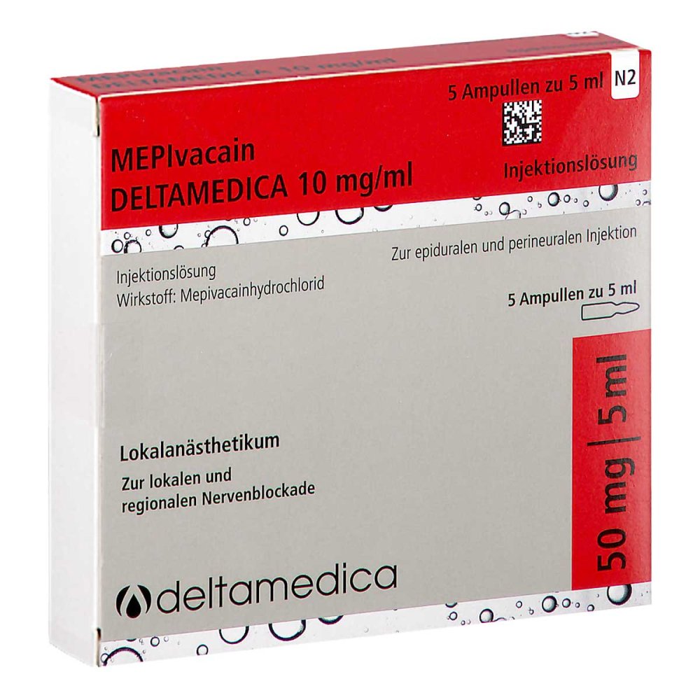 Das Produktfoto zeigt Mepivacain Deltamedica 10 Mg/Ml Inj.-Lsg.Glasamp. (5X5 ml) PZN 09220387