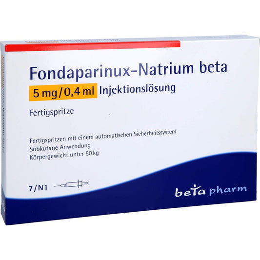 Das Produktfoto zeigt Fondaparinux-Natrium Beta 5mg/0,4ml Inj.-L.F.-Sp. (7 stk) PZN 09225002