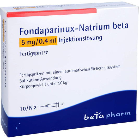 Das Produktfoto zeigt Fondaparinux-Natrium Beta 5mg/0,4ml Inj.-L.F.-Sp. (10 stk) PZN 09225019