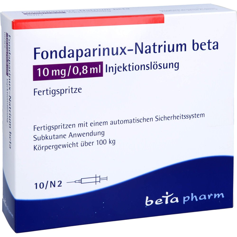 Das Produktfoto zeigt Fondaparinux-Natrium Beta 10mg/0,8ml Inj.-L.F.-Sp. (10 stk) PZN 09225054