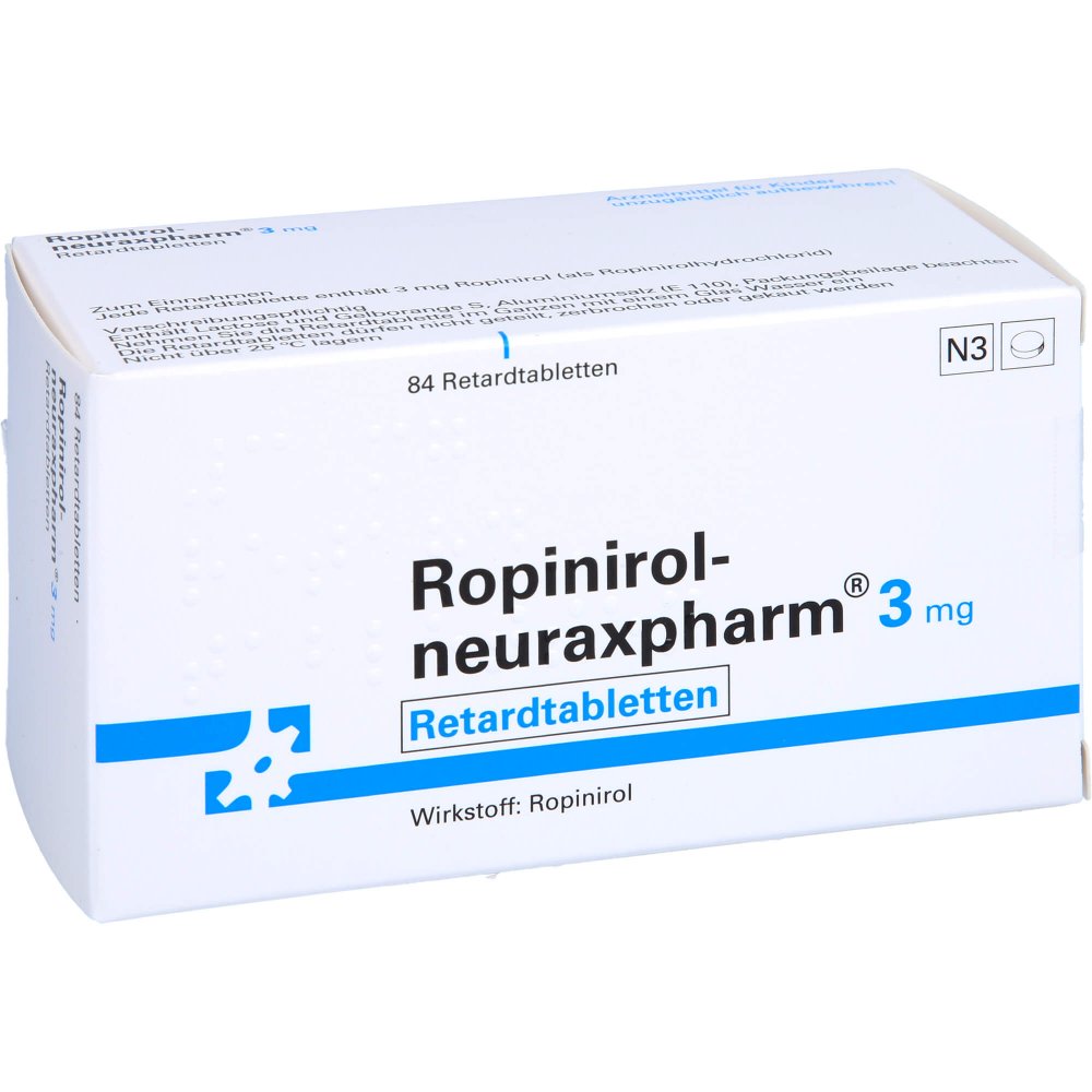 Das Produktfoto zeigt Ropinirol-Neuraxpharm 3 Mg Retardtabletten (84 stk) PZN 09228673