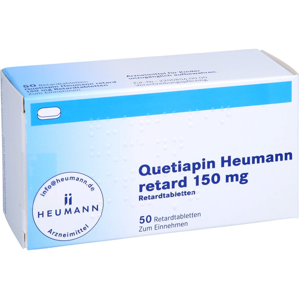 Das Produktfoto zeigt Quetiapin Heumann Retard 150 Mg Retardtabletten (50 stk) PZN 09232901