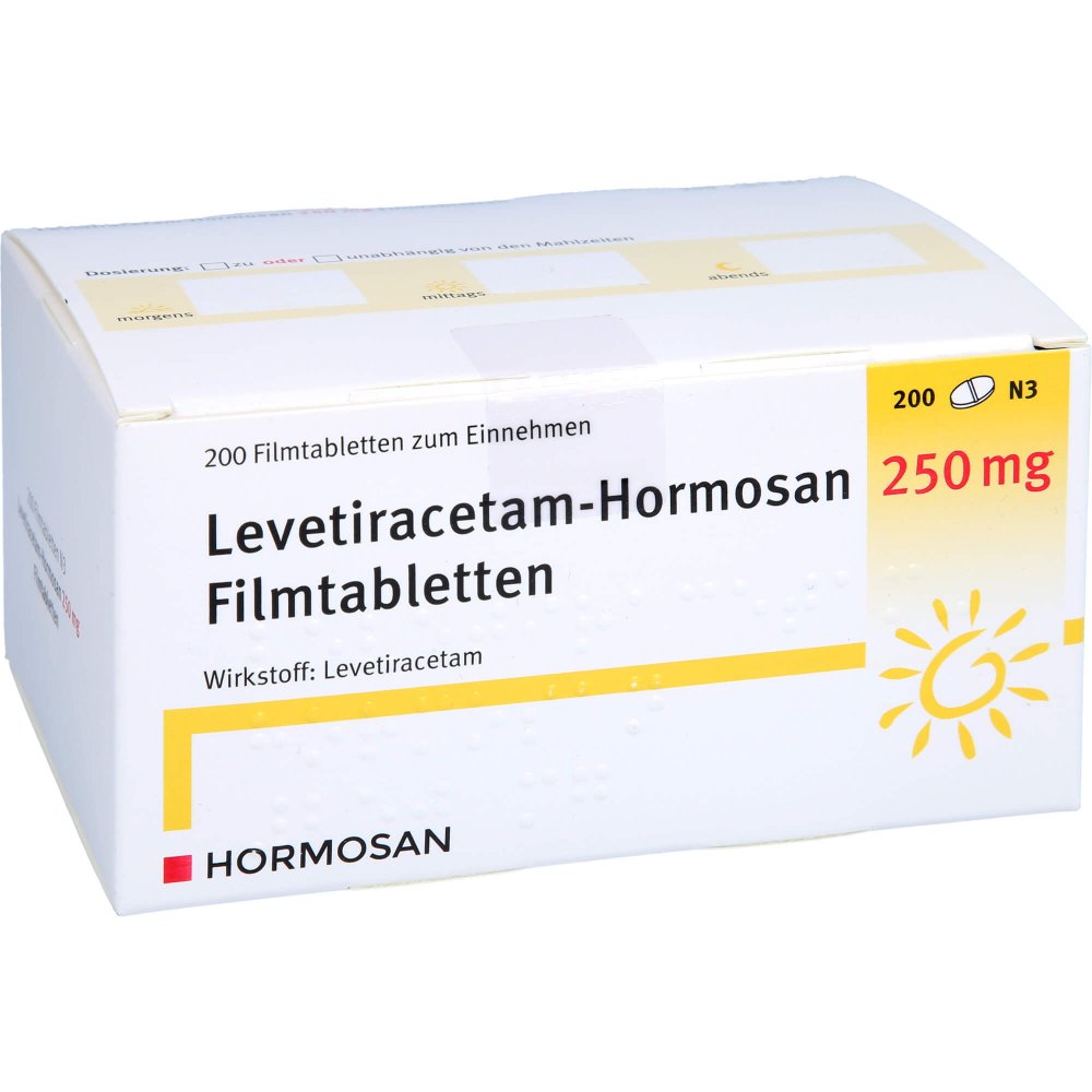 Das Produktfoto zeigt Levetiracetam Hormosan 250 Mg Filmtabletten (200 stk) PZN 09234107