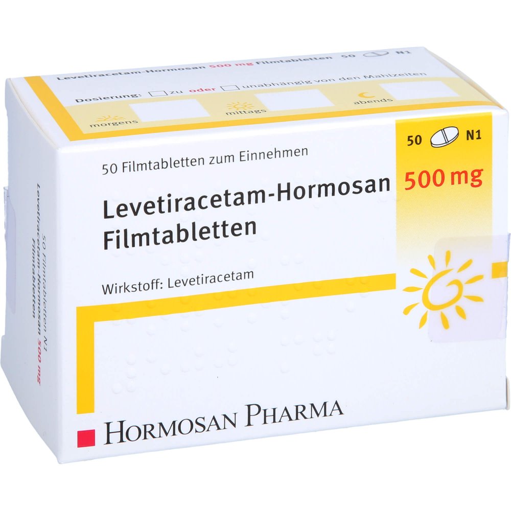 Das Produktfoto zeigt Levetiracetam Hormosan 500 Mg Filmtabletten (50 stk) PZN 09234113