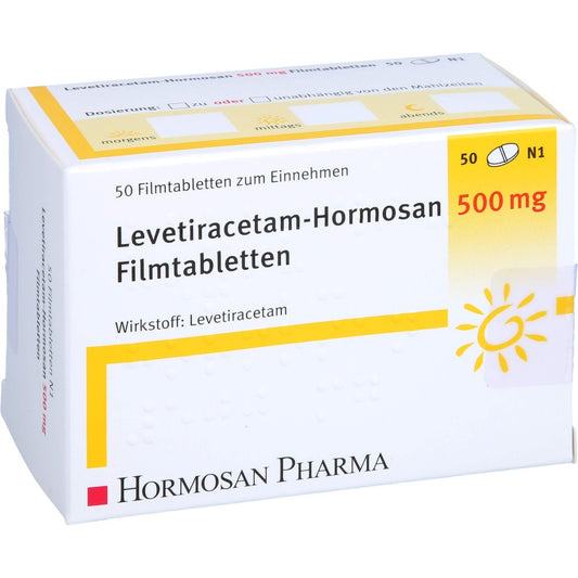 Das Produktfoto zeigt Levetiracetam Hormosan 500 Mg Filmtabletten (50 stk) PZN 09234113