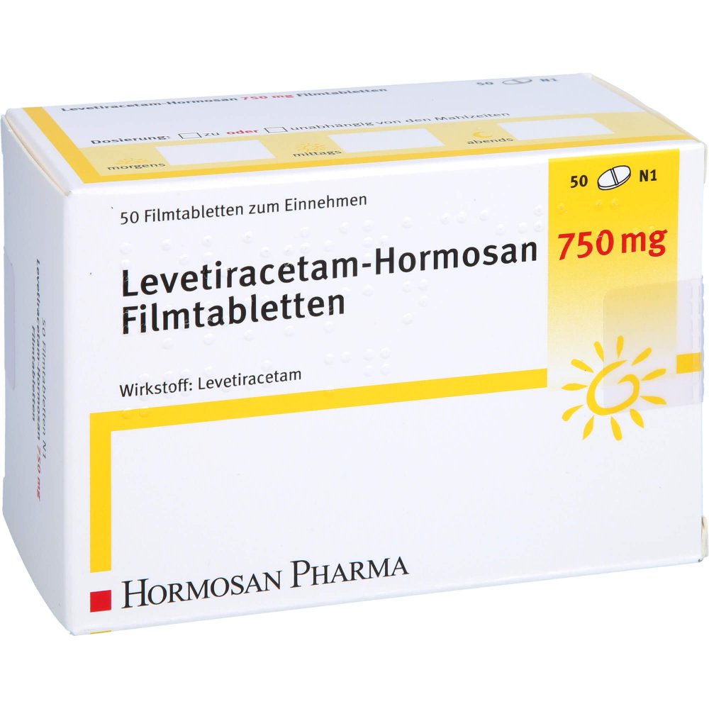 Das Produktfoto zeigt Levetiracetam Hormosan 750 Mg Filmtabletten (50 stk) PZN 09234159
