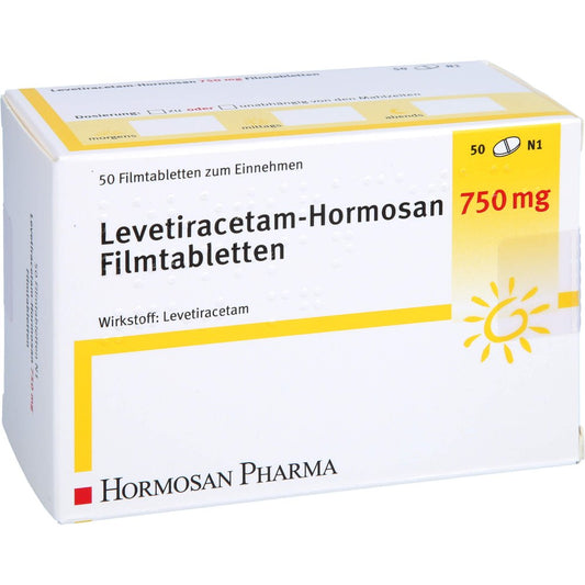 Das Produktfoto zeigt Levetiracetam Hormosan 750 Mg Filmtabletten (50 stk) PZN 09234159