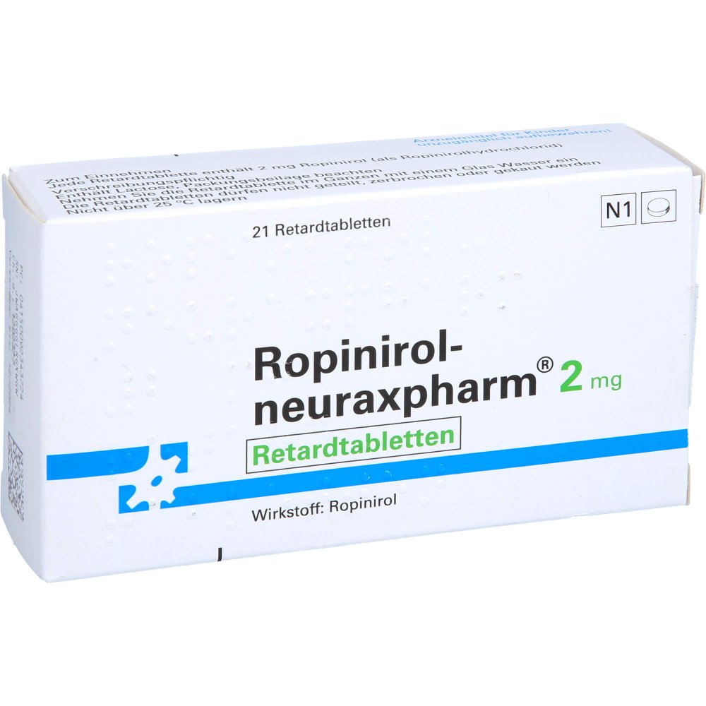 Das Produktfoto zeigt Ropinirol-Neuraxpharm 2 Mg Retardtabletten (21 stk) PZN 09234372