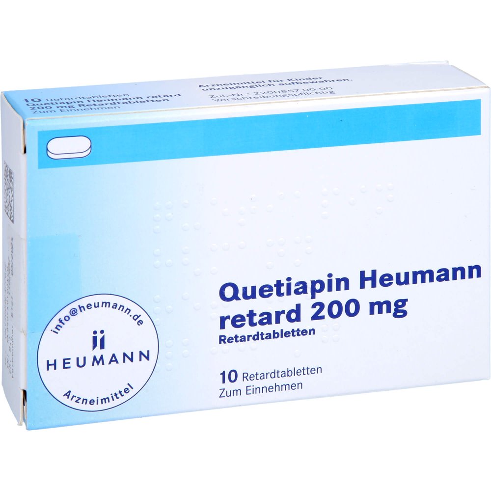 Das Produktfoto zeigt Quetiapin Heumann Retard 200 Mg Retardtabletten (10 stk) PZN 09237784