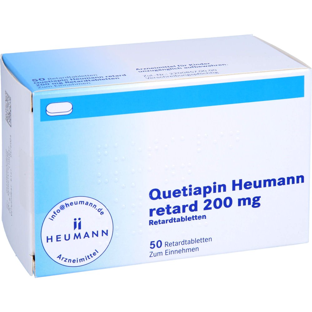 Das Produktfoto zeigt Quetiapin Heumann Retard 200 Mg Retardtabletten (50 stk) PZN 09237809
