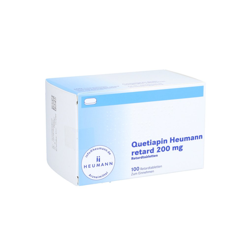 Das Produktfoto zeigt Quetiapin Heumann Retard 200 Mg Retardtabletten (100 stk) PZN 09237815