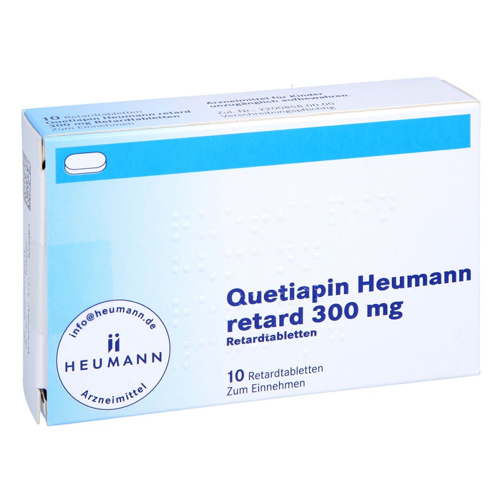 Das Produktfoto zeigt Quetiapin Heumann Retard 300 Mg Retardtabletten (10 stk) PZN 09237838