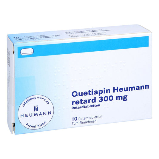 Das Produktfoto zeigt Quetiapin Heumann Retard 300 Mg Retardtabletten (10 stk) PZN 09237838
