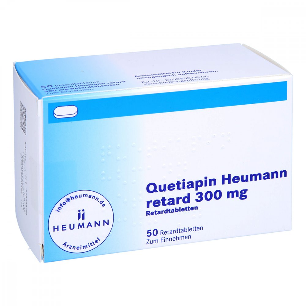 Das Produktfoto zeigt Quetiapin Heumann Retard 300 Mg Retardtabletten (50 stk) PZN 09237844