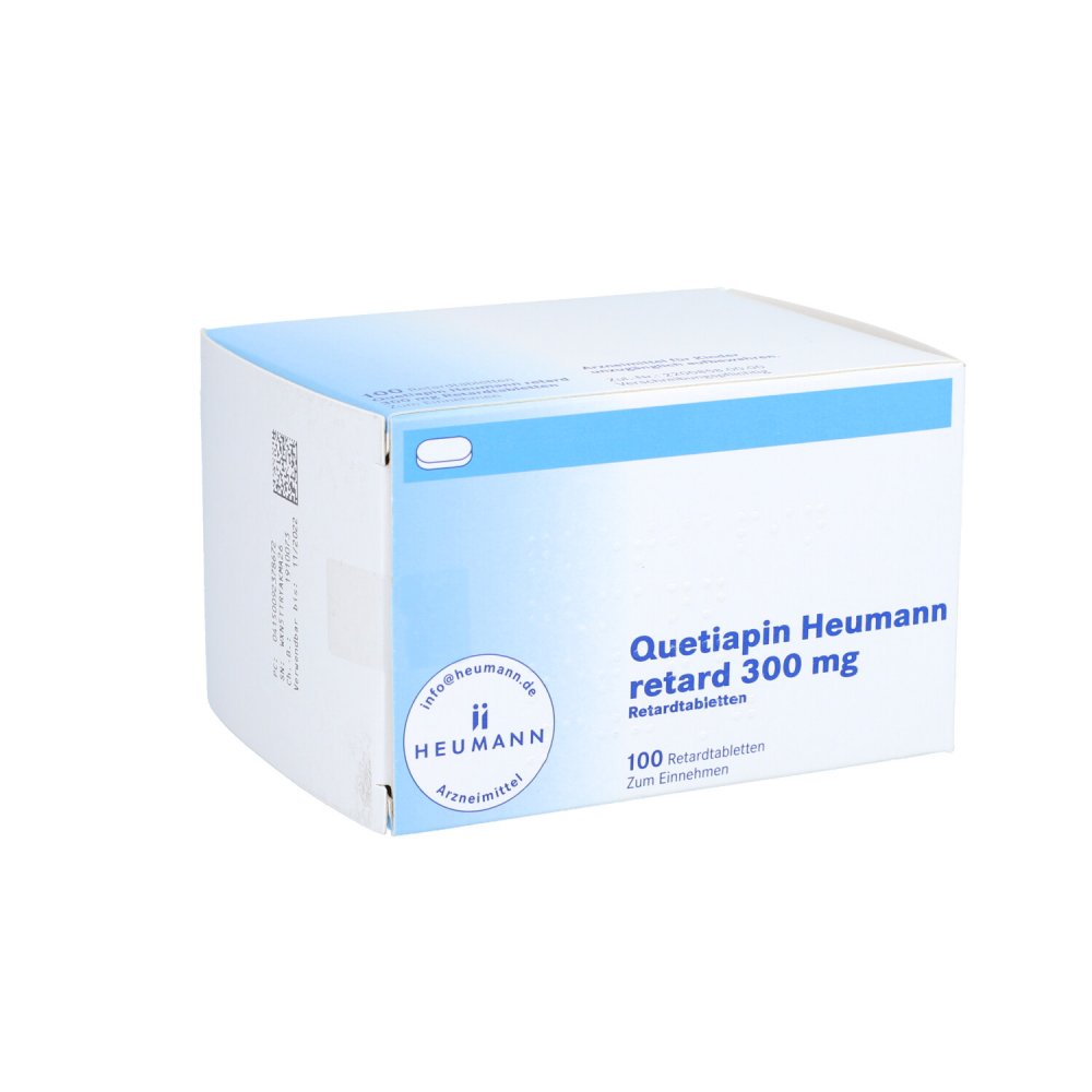 Das Produktfoto zeigt Quetiapin Heumann Retard 300 Mg Retardtabletten (100 stk) PZN 09237867