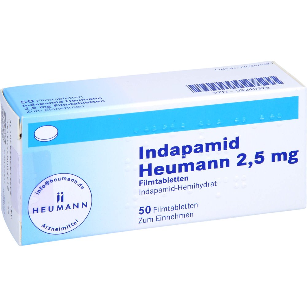 Das Produktfoto zeigt Indapamid Heumann 2,5 Mg Filmtabletten (50 stk) PZN 09240378