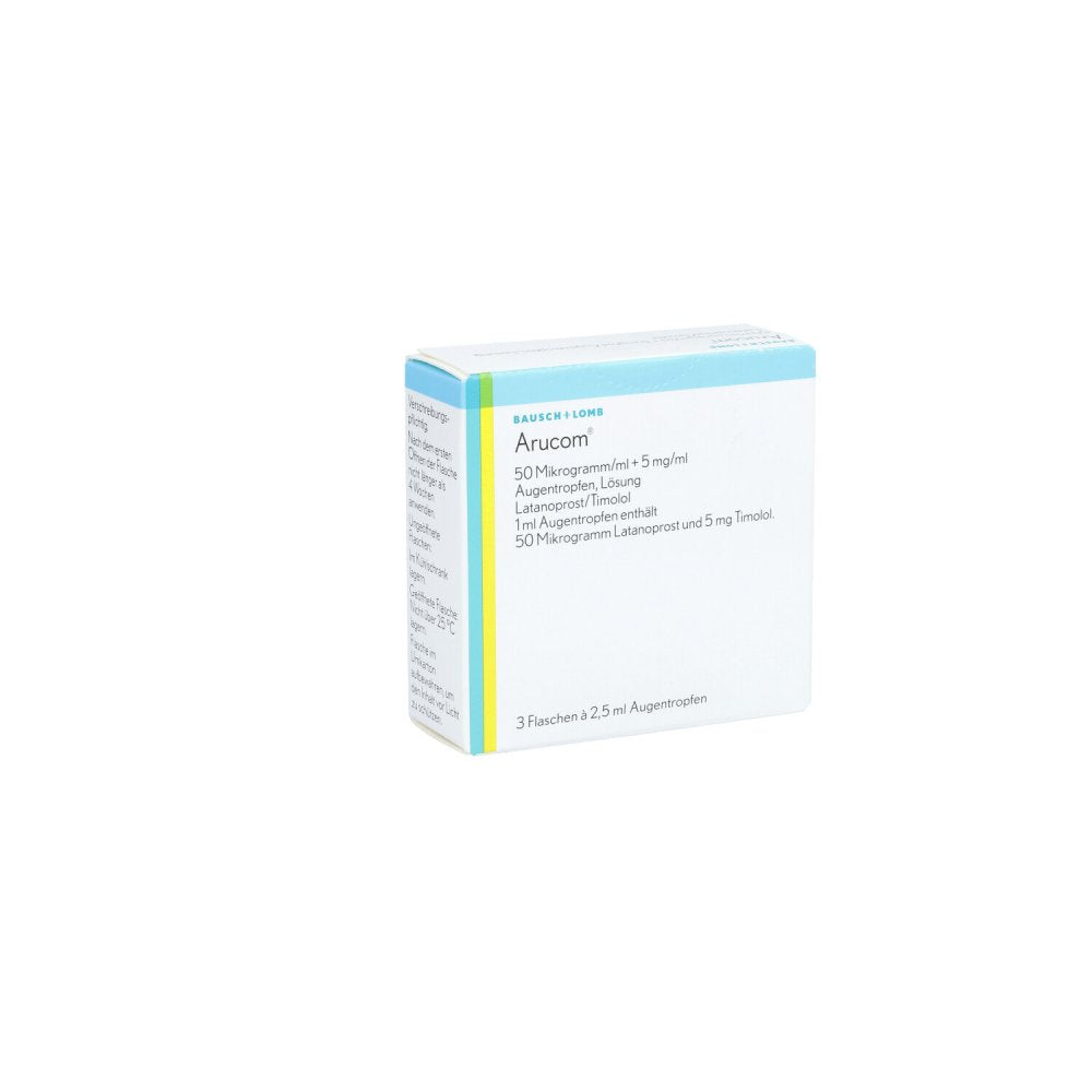 Das Produktfoto zeigt Arucom 50 Mikrogramm/Ml + 5 Mg/Ml Augentropfen (3X2.5 ml) PZN 09241171