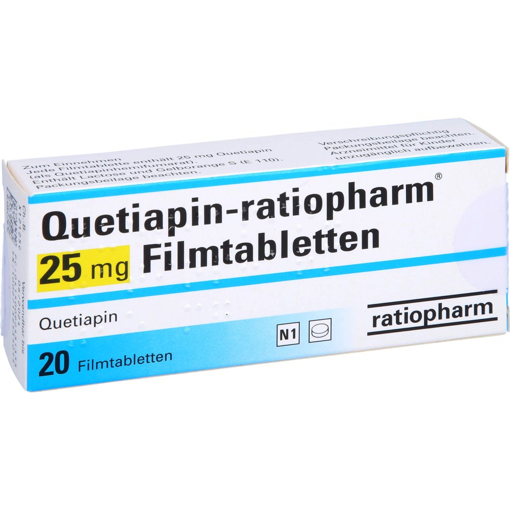 Das Produktfoto zeigt Quetiapin-Ratiopharm 25 Mg Filmtabletten (20 stk) PZN 09243135