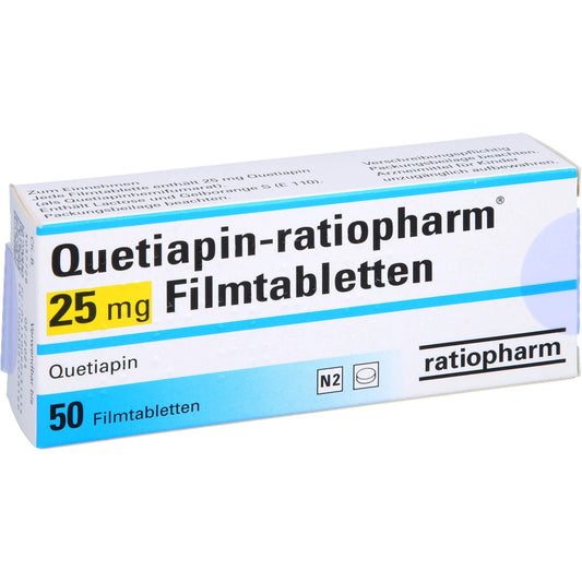 Das Produktfoto zeigt Quetiapin-Ratiopharm 25 Mg Filmtabletten (50 stk) PZN 09243141