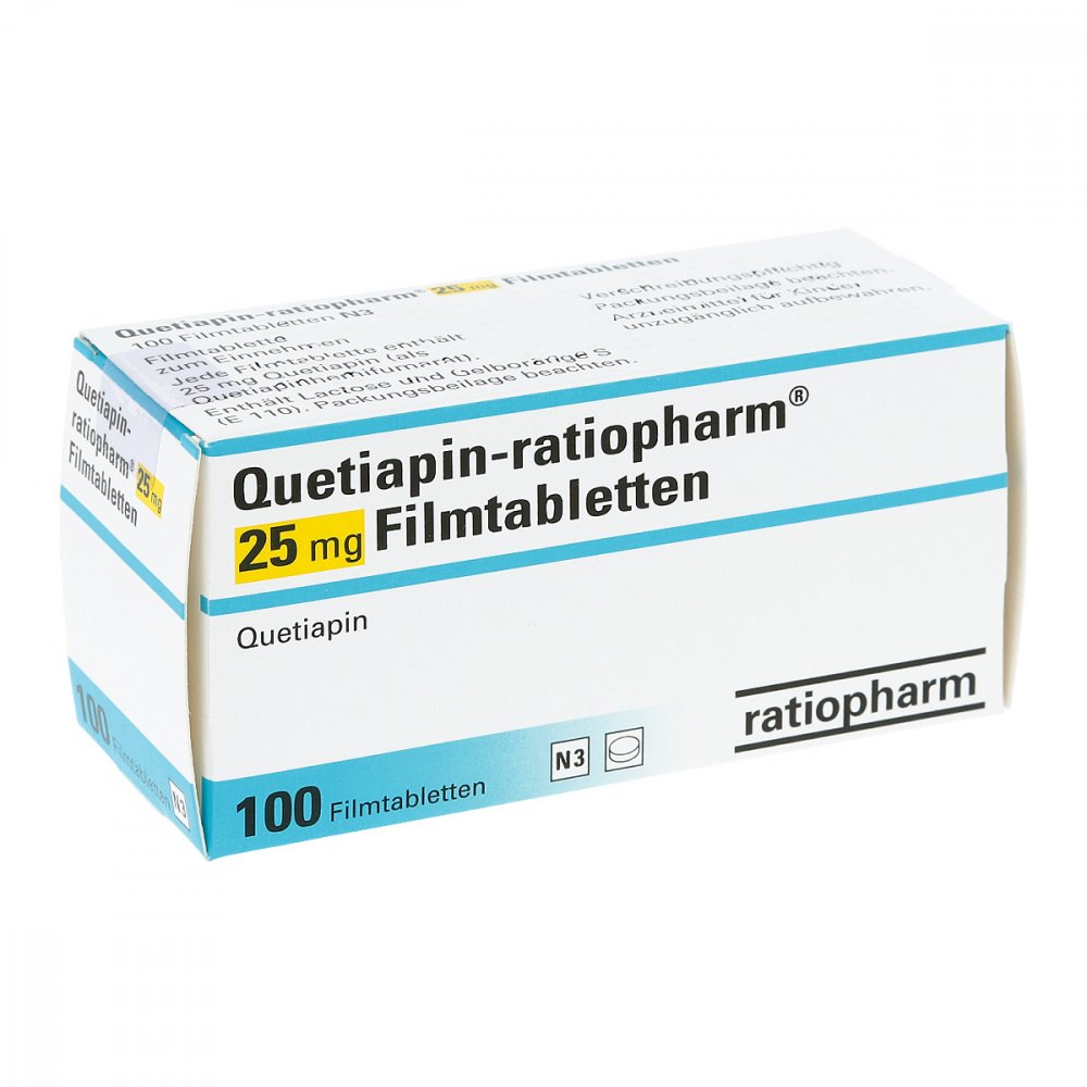 Das Produktfoto zeigt Quetiapin-Ratiopharm 25 Mg Filmtabletten (100 stk) PZN 09243158