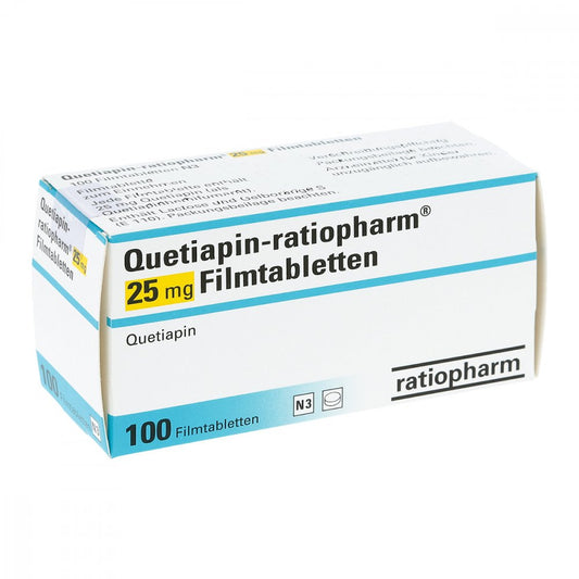 Das Produktfoto zeigt Quetiapin-Ratiopharm 25 Mg Filmtabletten (100 stk) PZN 09243158