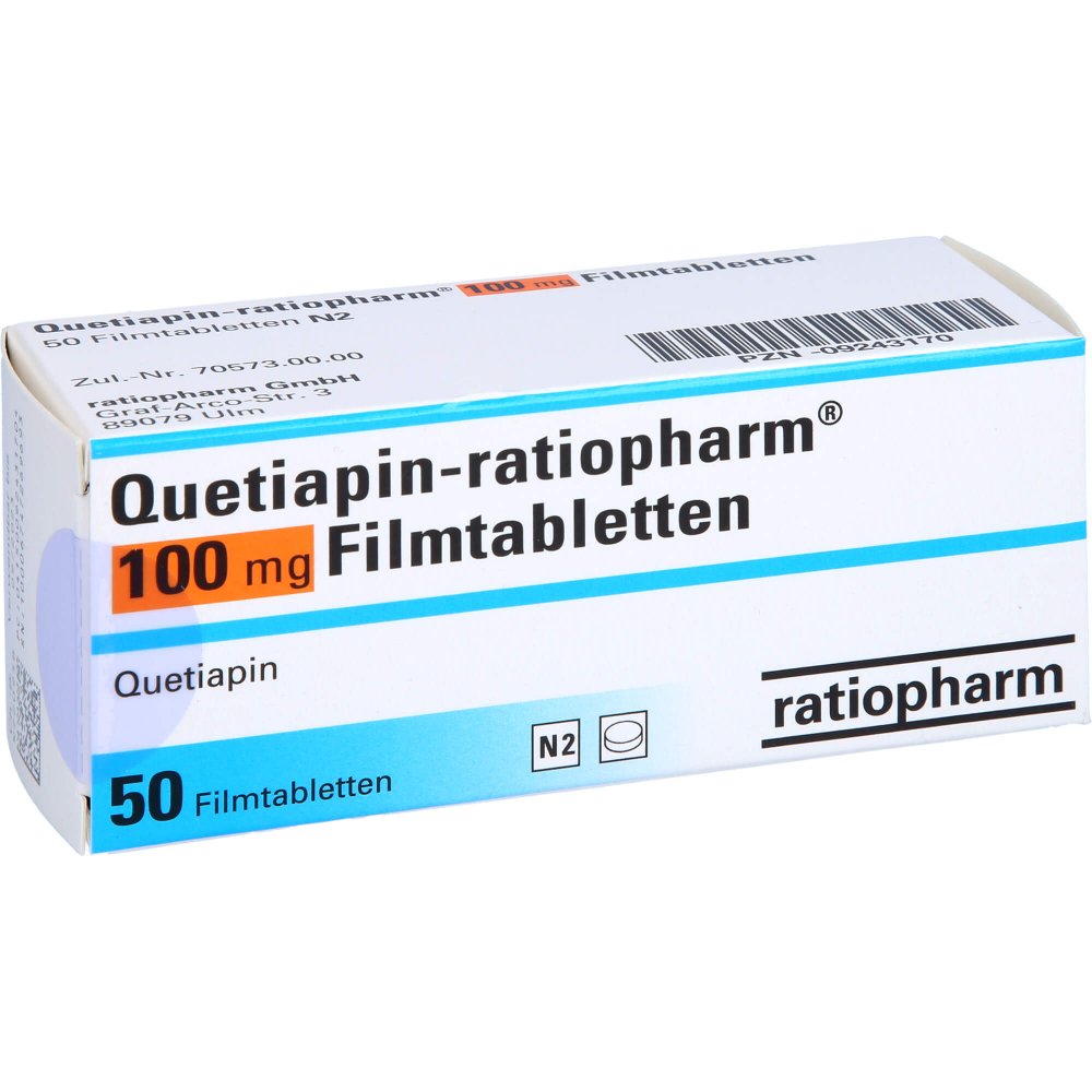 Das Produktfoto zeigt Quetiapin-Ratiopharm 100 Mg Filmtabletten (50 stk) PZN 09243170