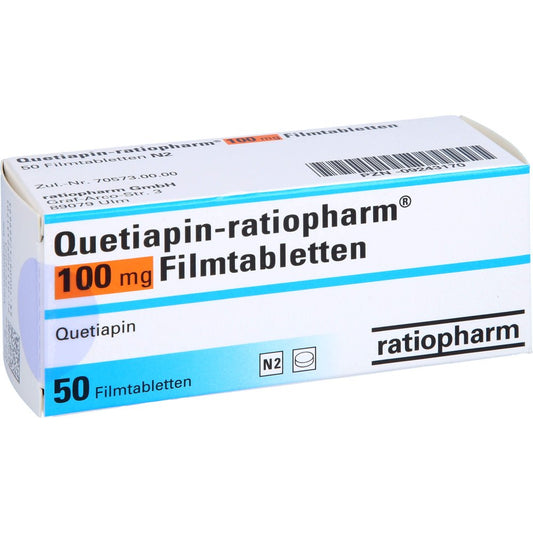 Das Produktfoto zeigt Quetiapin-Ratiopharm 100 Mg Filmtabletten (50 stk) PZN 09243170