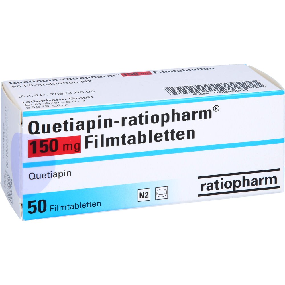 Das Produktfoto zeigt Quetiapin-Ratiopharm 150 Mg Filmtabletten (50 stk) PZN 09243201