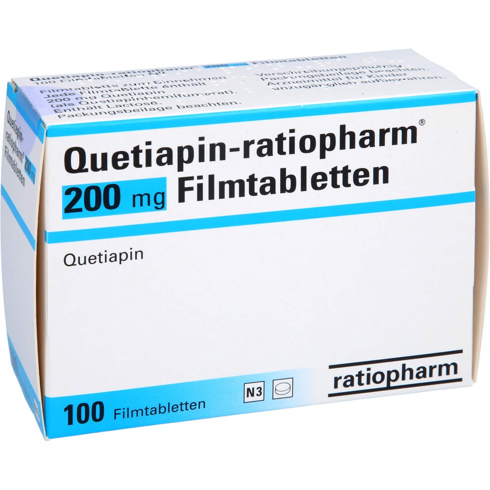 Das Produktfoto zeigt Quetiapin-Ratiopharm 200 Mg Filmtabletten (100 stk) PZN 09243247