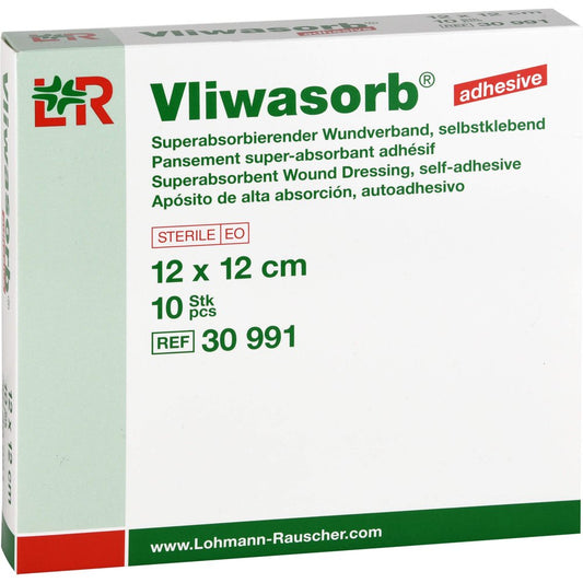 Das Produktfoto zeigt Vliwasorb Adhesive Superabso.Komp.Sk.St.12x12 Cm (10 stk) PZN 09245772