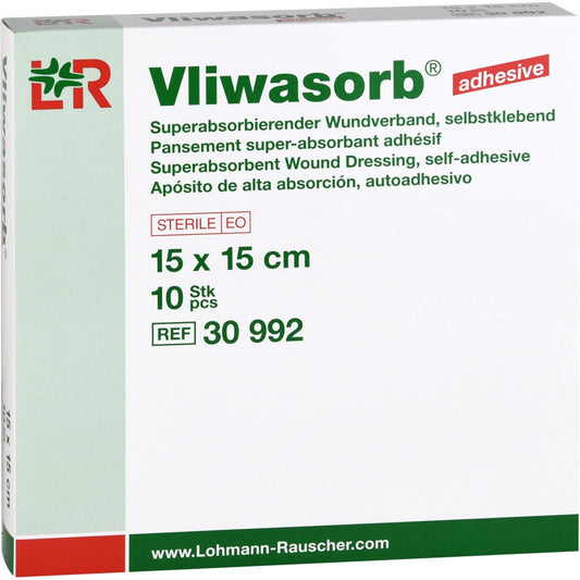 Das Produktfoto zeigt Vliwasorb Adhesive Superabso.Komp.Sk.St.15x15 Cm (10 stk) PZN 09245795