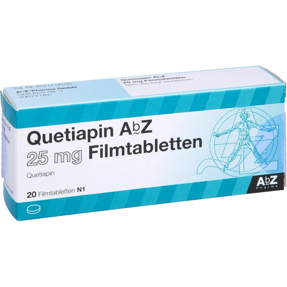 Das Produktfoto zeigt Quetiapin Abz 25 Mg Filmtabletten (20 stk) PZN 09246205