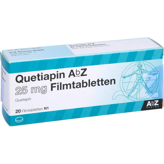 Das Produktfoto zeigt Quetiapin Abz 25 Mg Filmtabletten (20 stk) PZN 09246205