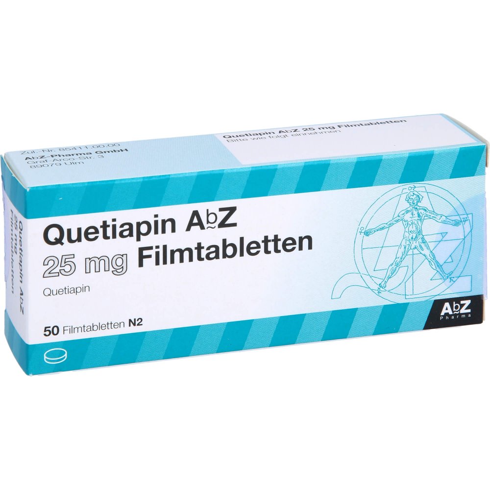 Das Produktfoto zeigt Quetiapin Abz 25 Mg Filmtabletten (50 stk) PZN 09246211