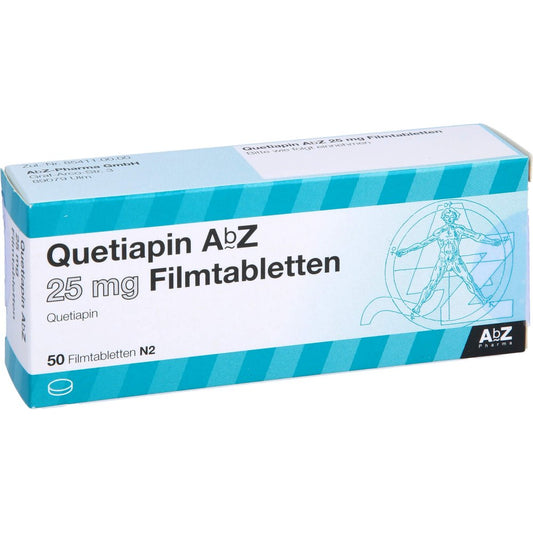Das Produktfoto zeigt Quetiapin Abz 25 Mg Filmtabletten (50 stk) PZN 09246211