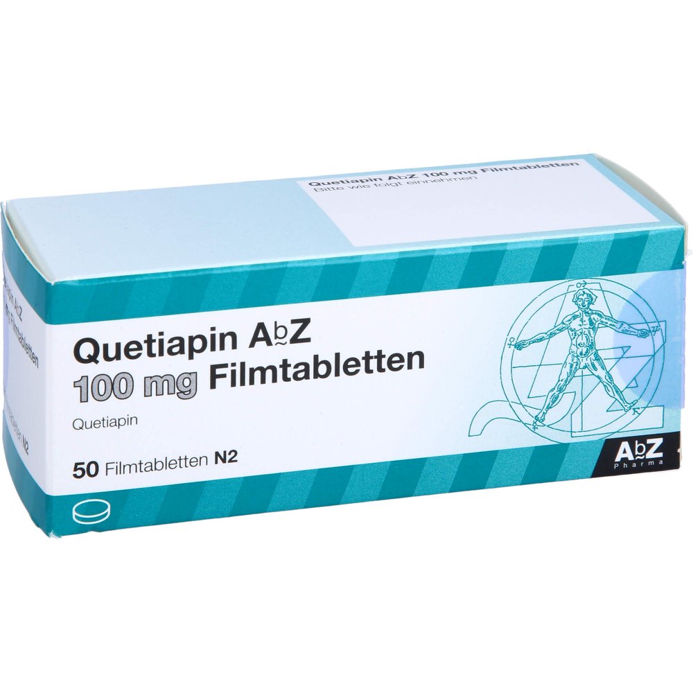 Das Produktfoto zeigt Quetiapin Abz 100 Mg Filmtabletten (50 stk) PZN 09246240