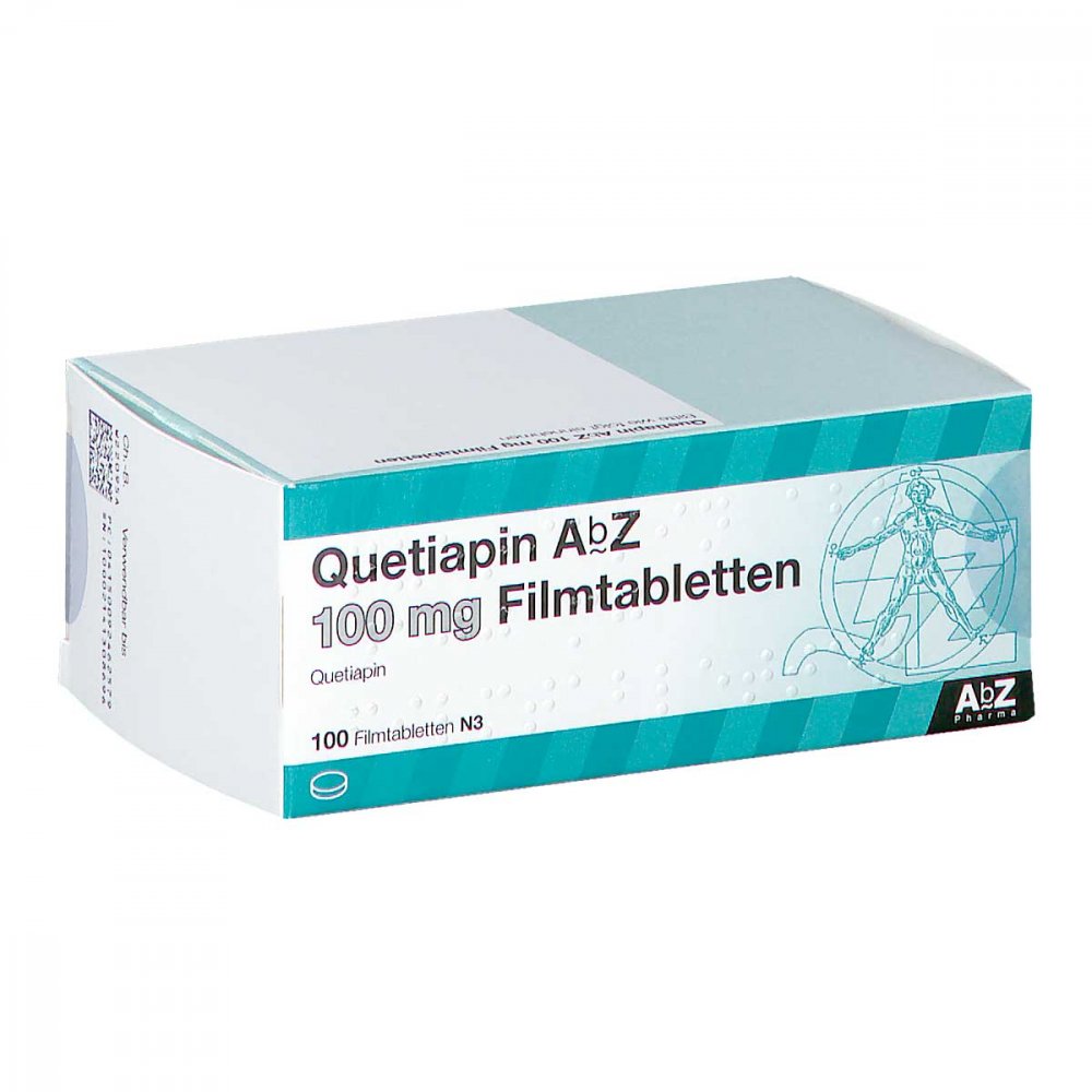 Das Produktfoto zeigt Quetiapin Abz 100 Mg Filmtabletten (100 stk) PZN 09246257