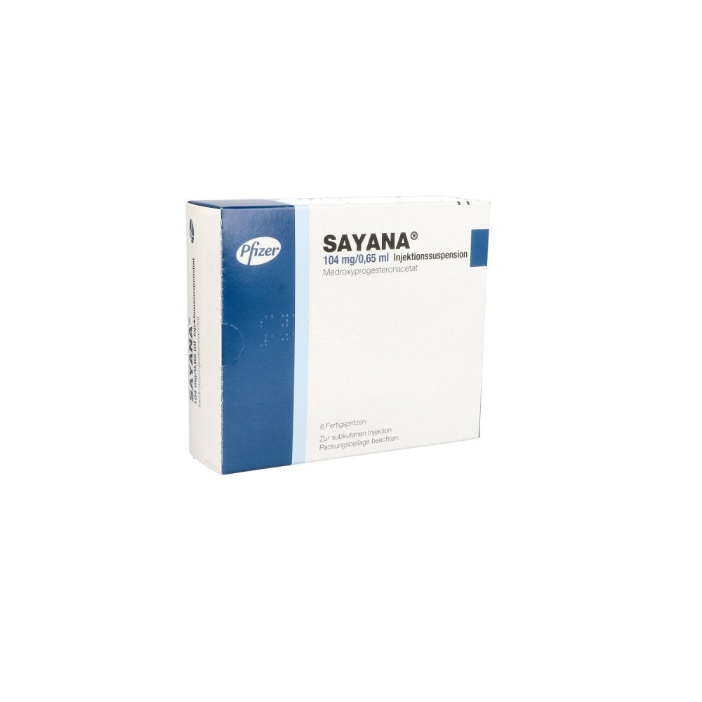 Das Produktfoto zeigt Sayana 104 Mg/0,65 Ml Injekt.-Susp.I.E.Fertigspr. (6 stk) PZN 09252341