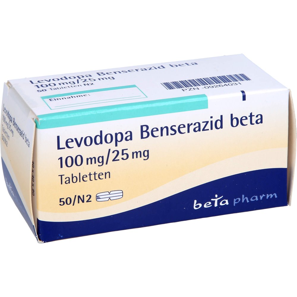 Das Produktfoto zeigt Levodopa Benserazid Beta 100 Mg/25 Mg Tabletten (50 stk) PZN 09264031