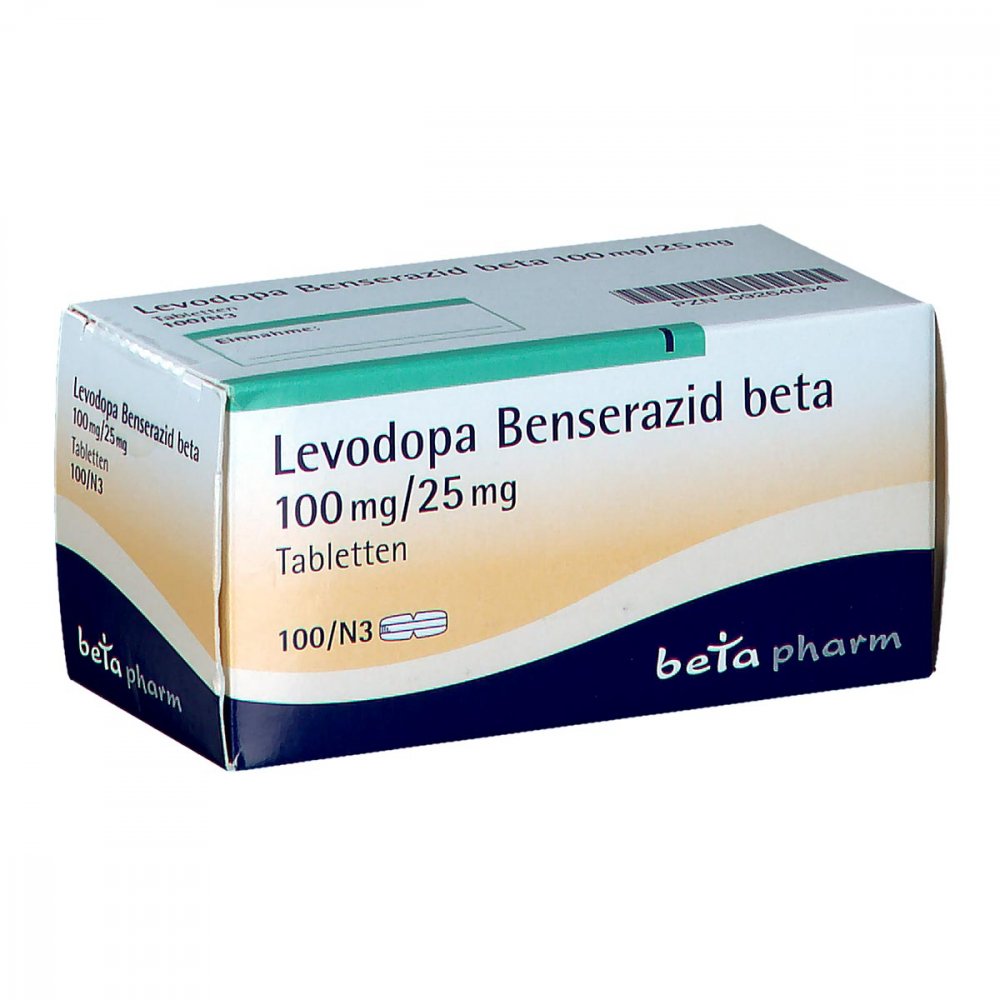 Das Produktfoto zeigt Levodopa Benserazid Beta 100 Mg/25 Mg Tabletten (100 stk) PZN 09264054