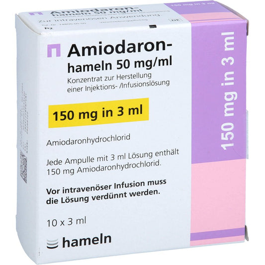 Das Produktfoto zeigt Amiodaron-Hameln 50 Mg/Ml Injektionslösung (10X3 ml) PZN 09266722
