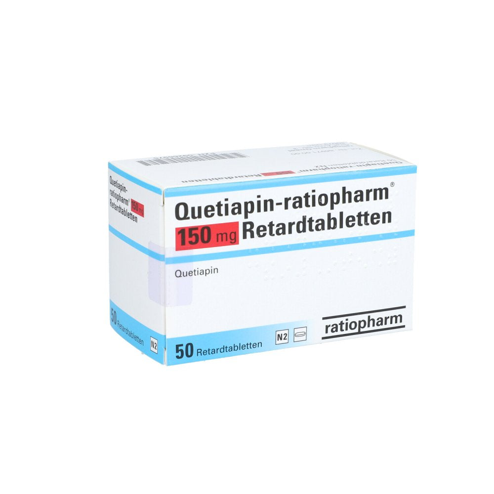 Das Produktfoto zeigt Quetiapin-Ratiopharm 150 Mg Retardtabletten (50 stk) PZN 09266975