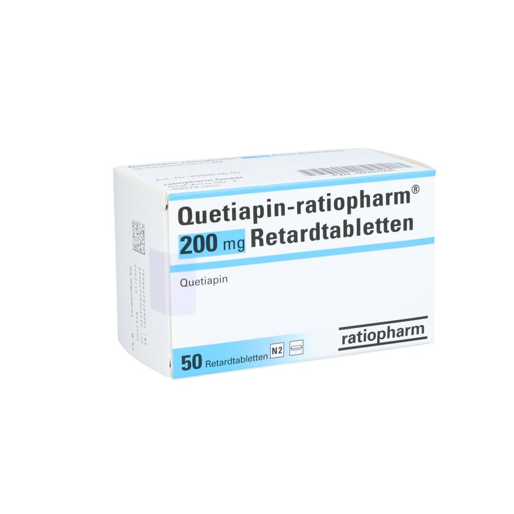 Das Produktfoto zeigt Quetiapin-Ratiopharm 200 Mg Retardtabletten (50 stk) PZN 09267006