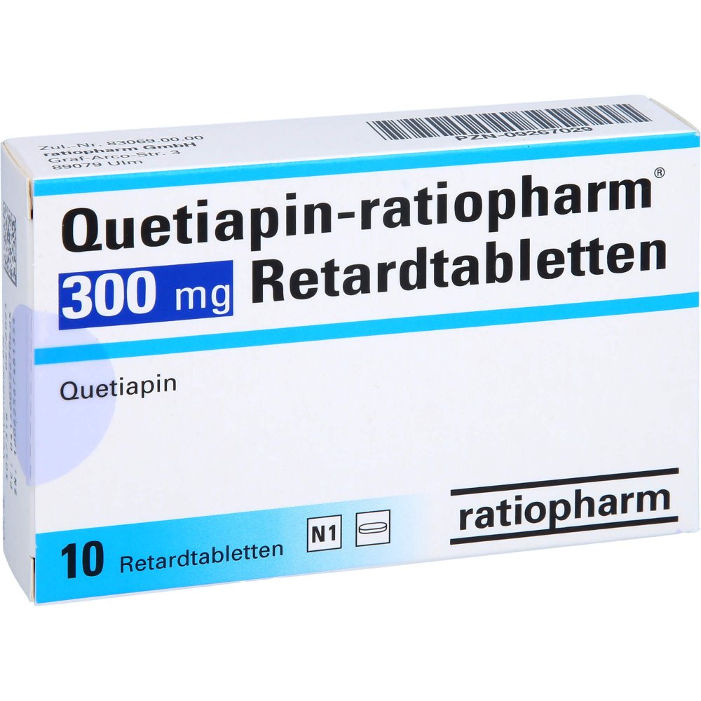 Das Produktfoto zeigt Quetiapin-Ratiopharm 300 Mg Retardtabletten (10 stk) PZN 09267029