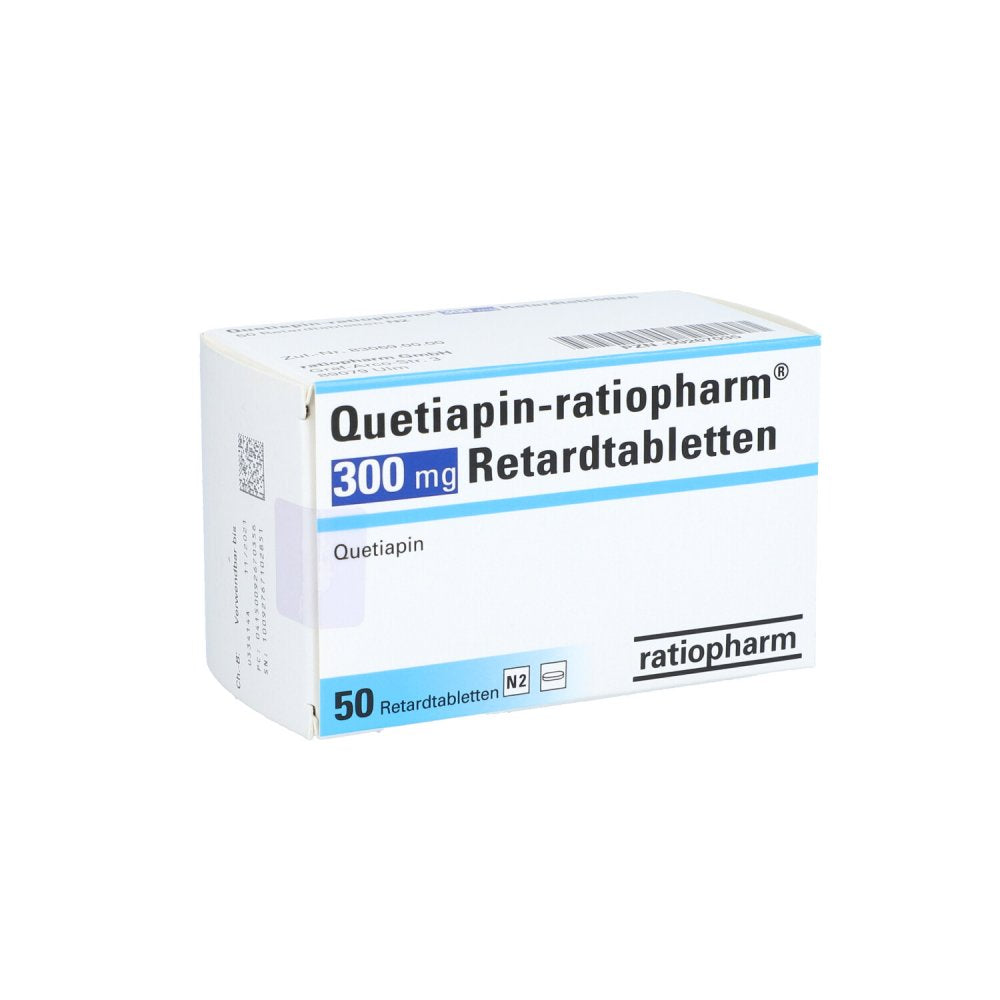 Das Produktfoto zeigt Quetiapin-Ratiopharm 300 Mg Retardtabletten (50 stk) PZN 09267035