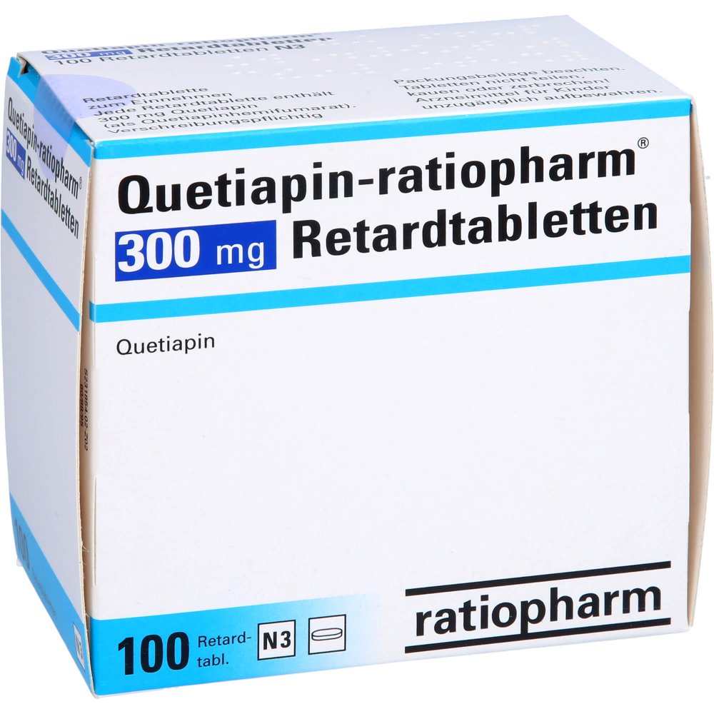 Das Produktfoto zeigt Quetiapin-Ratiopharm 300 Mg Retardtabletten (100 stk) PZN 09267041